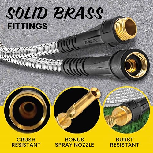 Bionic Steel PRO 100 Ft Garden Hose with Nozzle, Premium 304 Stainless Steel Metal Water Hose 100Ft Flexible Hose, Rust Proof, Lightweight, Heavy Duty, Crush Resistant Fittings, 500 PSI, 2025 Model