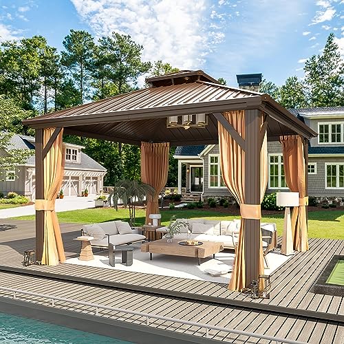 MELLCOM 10'x13' Hardtop Gazebo with Polycarbonate Double Roof, Aluminum Frame Outdoor Gazebo Permanent Pavilion with Curtains and Netting for Patio, Lawn & Garden