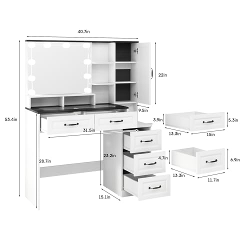 Vabches Makeup Vanity Desk with Lights and Mirror, Black Vanity Table Set with Charging Station, Glass Top Vanity with RGB Lights, Large Mirror with 3 Lighting Modes, 5 Drawers & Cabinet, 40.7in(L)