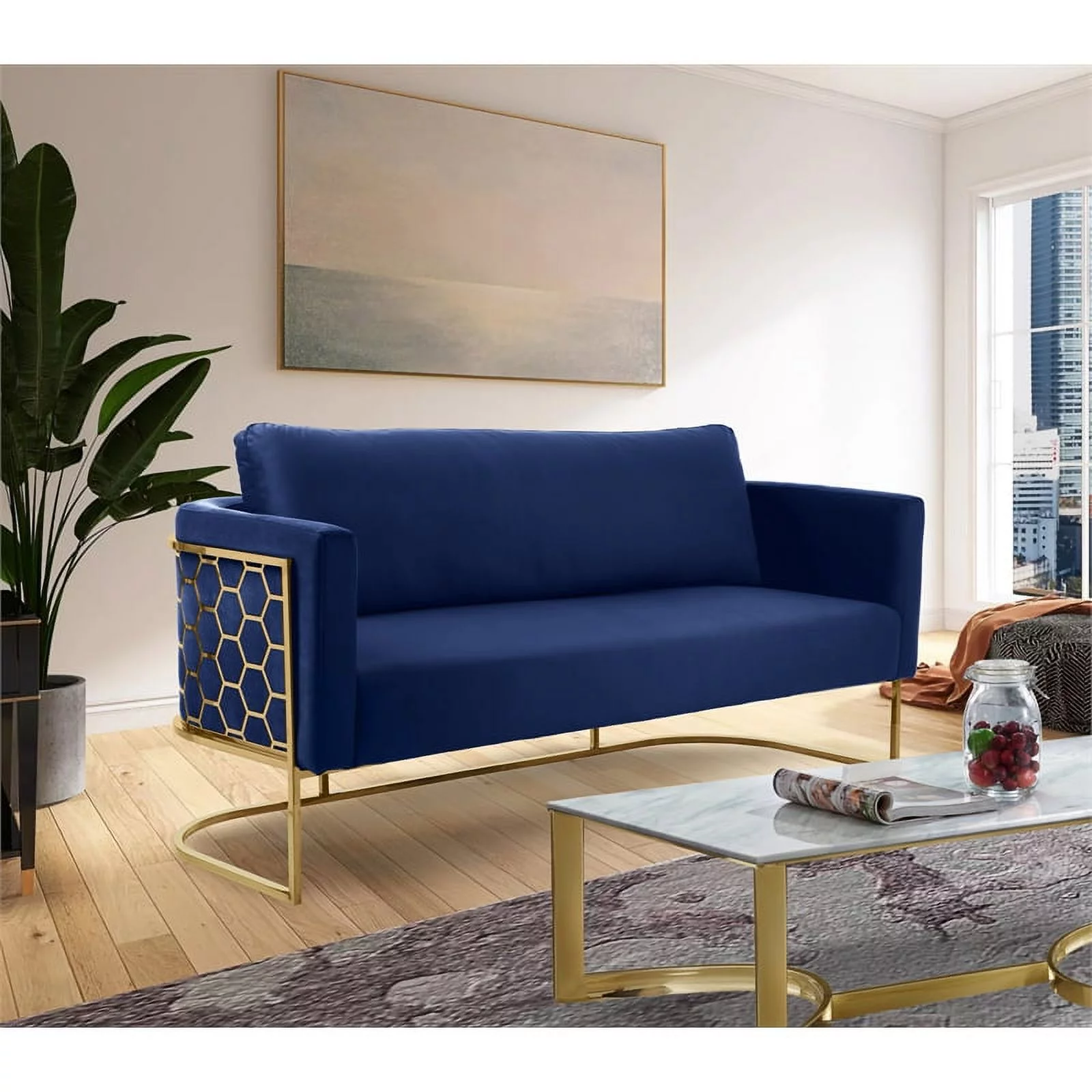 Meridian Furniture Casa Navy Velvet Sofa with Gold Iron Metal Base