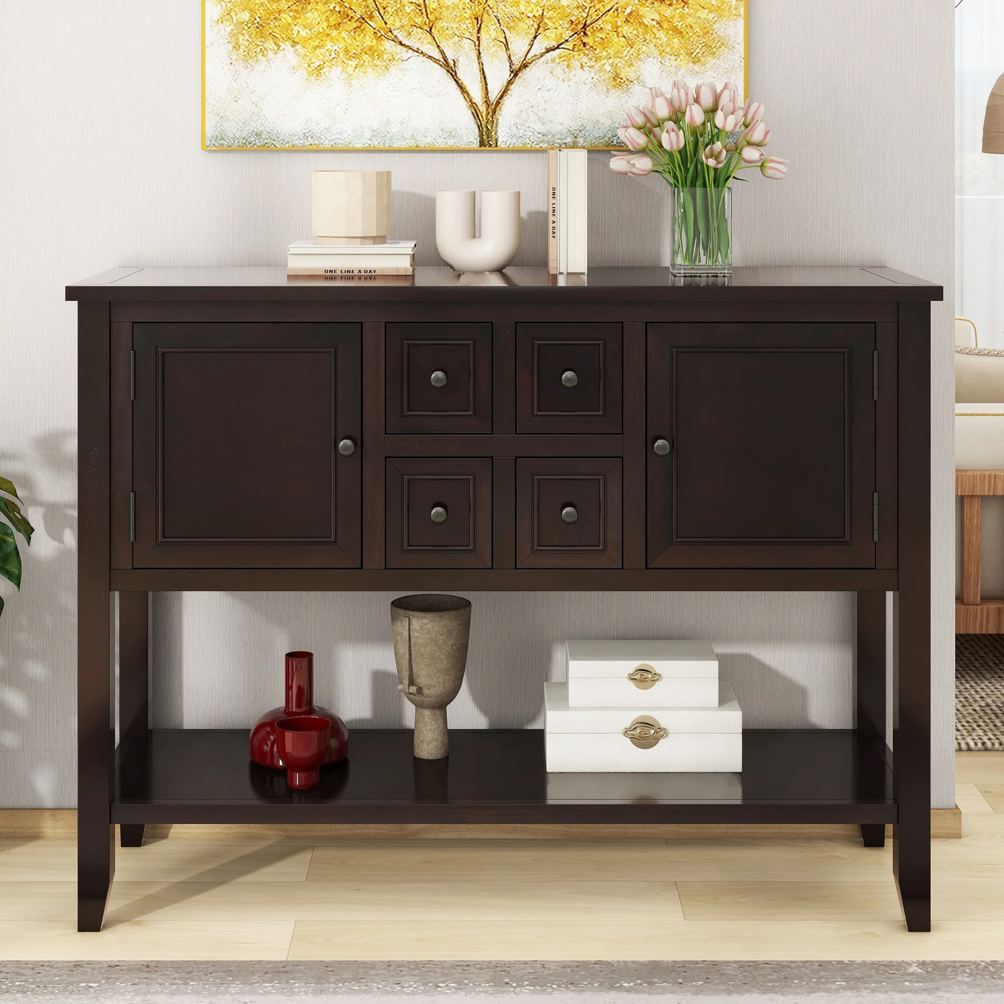 CoSoTower Series Ample Storage Vintage Console Table with Four Small Drawers and Bottom Shelf for Living Rooms, Entrances and Kitchens, Espresso