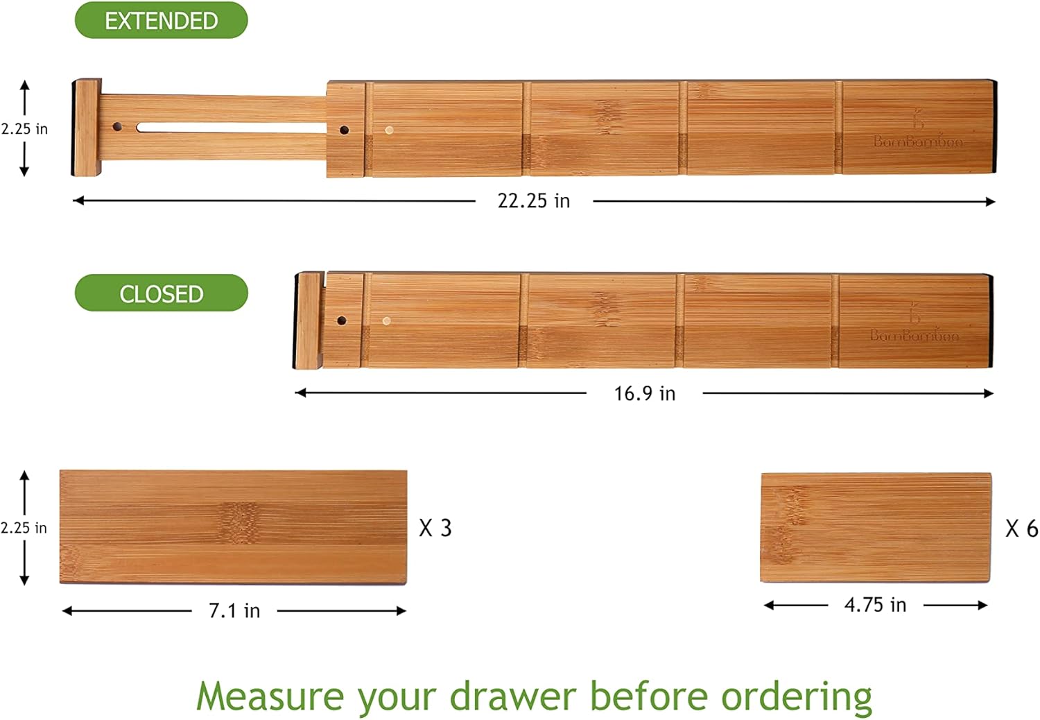Adjustable 17-22in Bamboo Dividers Organizers with 9 Inserts, Expandable Spring Loaded Drawer Dividers for Kitchen, Dresser, Bedroom, Bathroom, Office, and Garage (4 Pack)