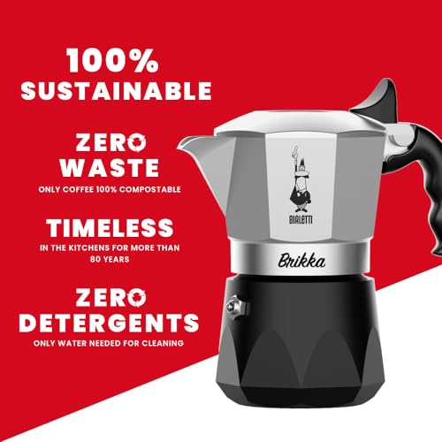 Bialetti - New Brikka, Moka Pot, the Only Stovetop Coffee Maker Capable of Producing a Crema-Rich Espresso, 2 Cups (3,4 Oz), Aluminum and Black