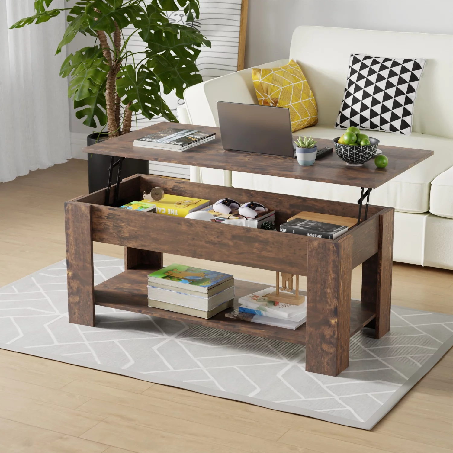 FDW Coffee Table Lift Top Coffee Table Coffee Table with Hidden Compartment and Storage Shelf for Living Room Reception Room 47.2in L,Brown