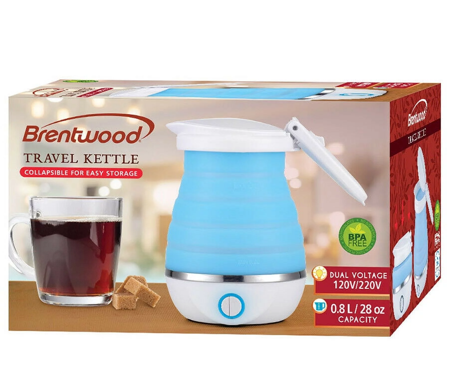 Brentwood KT-1508BL Dual Voltage 0.8L Collapsible Portable Tea Kettle Blue