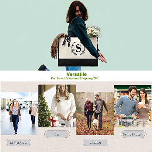 BeeGreen Mother's Day Gifts Personalized Women's Large White and Black Canvas Tote Bag, Embroidered Initials, Leather Handle, Zipper Closure