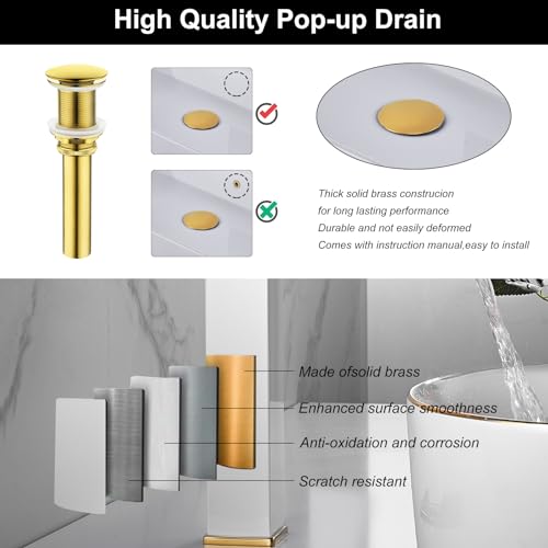 White Gold Faucet Bathroom Vessel Sink Golden Waterfall Spout Faucet Single Handle Bowl Sink Faucet Modern Single Hole Basin Vanity Tall Bathroom Sink Faucet with Pop Up Drain Stopper Supply Hose