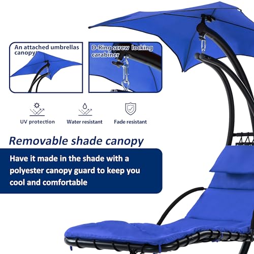 Hanging Chaise Lounger with Removable Canopy Outdoor Indoor Hammock Swing Chair with Cushion Built in Pillow, Curved Zero Gravity Chaise Lounge Chair for Patio Porch Poolside (Navy)