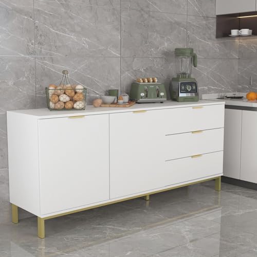 MOUMON Sideboard Storage Cabinet with Drawers and Doors, Credenza Sideboard Buffet, Gold Metal Frame Legs, for Kitchen Hallway White (62.9”W x 15.7”D x 27.5”H)