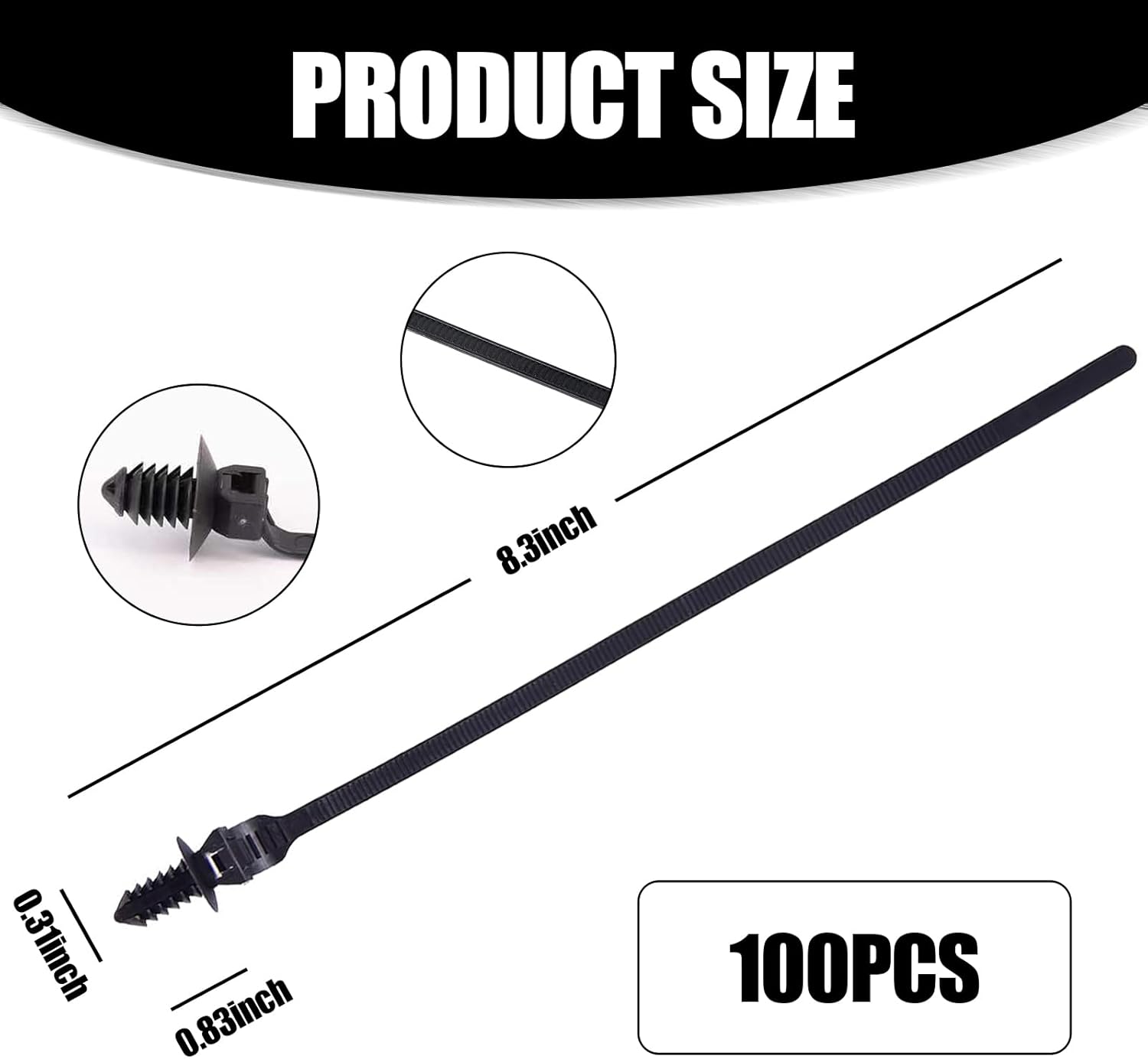 100 PCS Car Buckle Cable Tie, Adjustable Zip Cable Ties, Nylon Push Mount Self Locking Assortment, Auto Parts Combination, Universal for Cars Boat Trailer (Black)