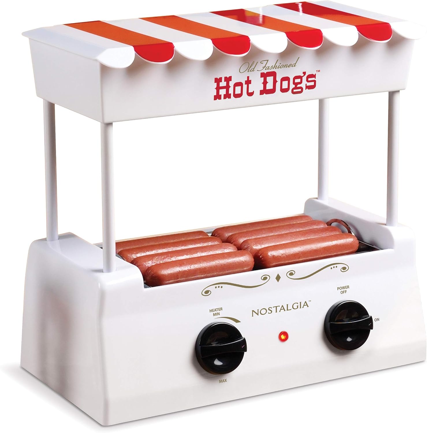 Nostalgia HDR8RY Countertop Hot Dog Warmer 8 Regular Sized, 4 Foot Long and 6 Bun Capacity, Stainless Steel Rollers, Perfect For Breakfast Sausages, Brats, Taquitos, Egg Rolls, Red/Yellow
