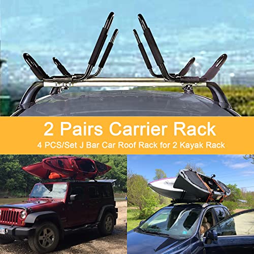 Kayak Roof Rack 2 Pairs J-Bar Carrier Holder for Canoe, SUV, Cars, Truck, Surf Ski, Car Top Mount Racks for Trip, Set of 4