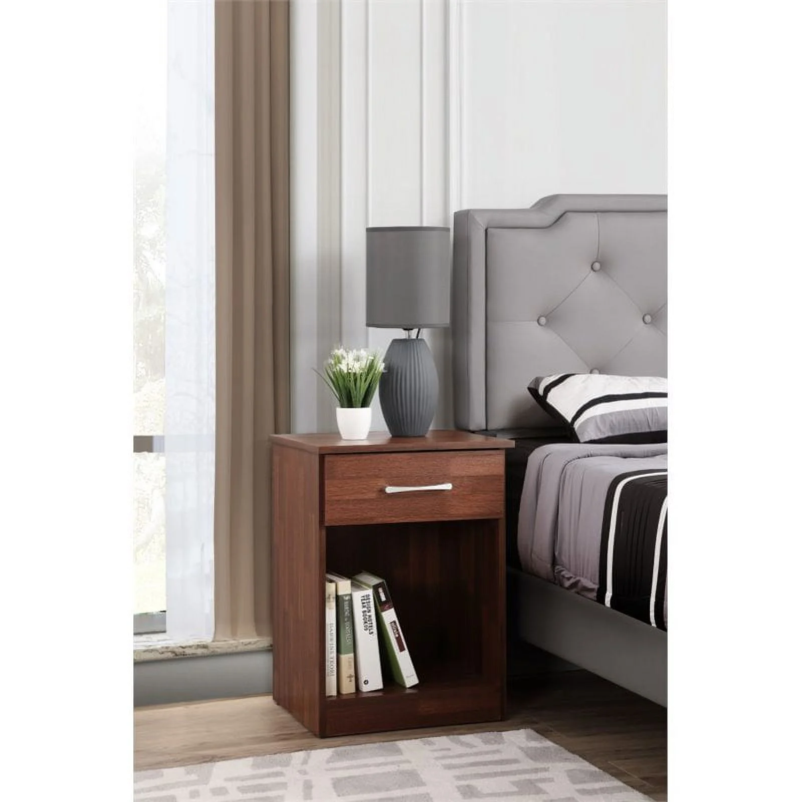 Maklaine Engineered Wood 1 Drawer RTA Nightstand in Cherry Finish