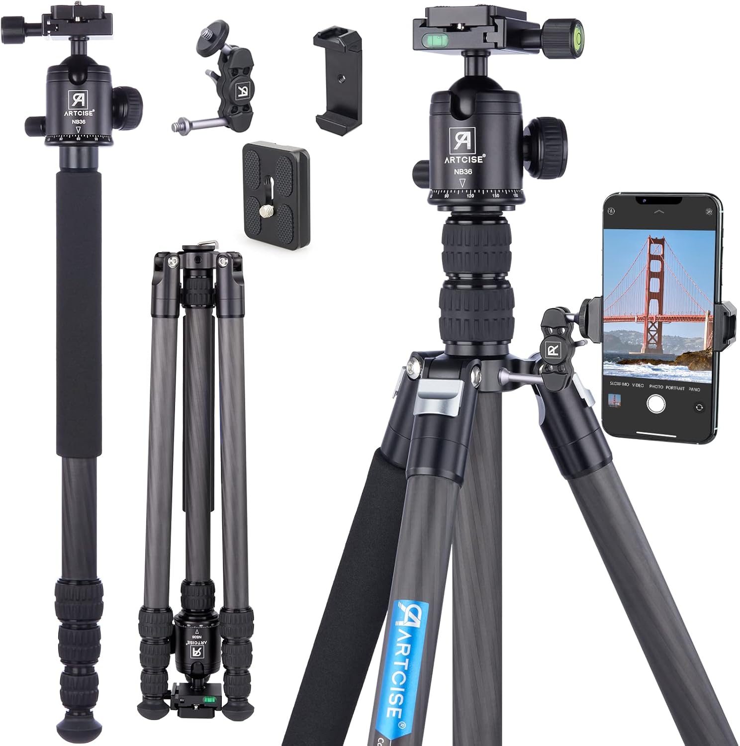 Carbon Fiber Tripod with Arca Panoramic Ball Head 77.6inch Tall Lightweight Travel Camera Tripod Monopod with Accessory Threaded Hole Design Video DSLR Tripod Load Up to 33.1lbs/15kg Pack of 2