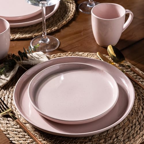 AmorArc Ceramic Dinnerware Sets for 6, 18 Pieces Handpainted Plates and Bowls Set with Rustic Terracotta Underside, Scratch Resistant Stoneware Dishes Set, Dishwasher & Microwave Safe,Light Beige