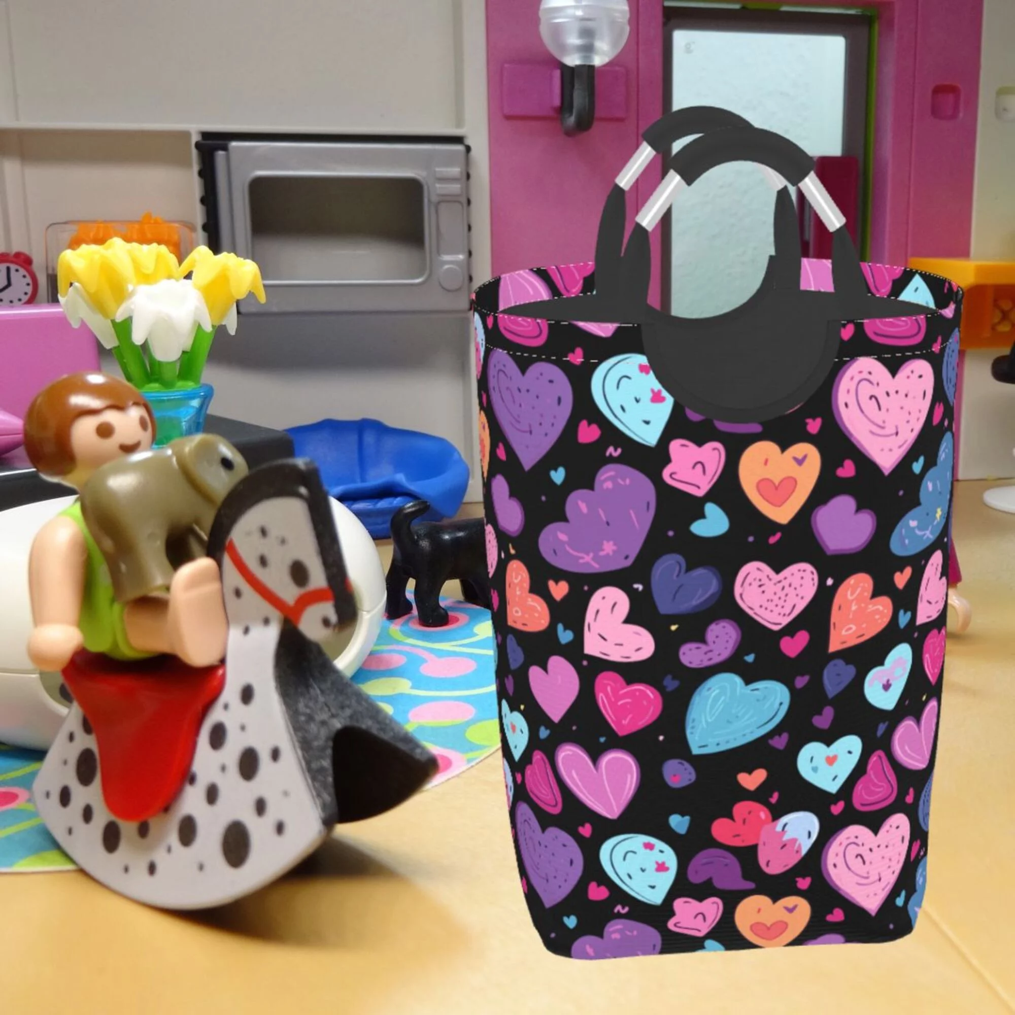 TEQUAN 50L Large Rectangular Laundry Hamper with Aluminum Handles, Valentine Purple Hearts Love Prints Waterproof Foldable Dirty Clothes Basket