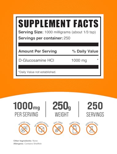BulkSupplements.com Glucosamine HCl Powder - Glucosamine 1000mg, Glucosamine Supplement, Glucosamine Powder - Gluten Free, 1000mg per Serving, 500g (1.1 lbs) (Pack of 1)