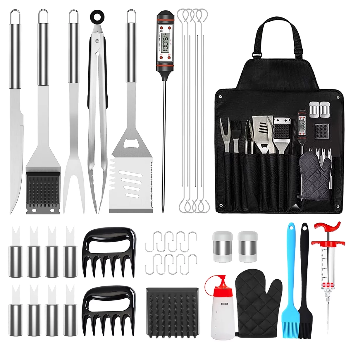 41Pcs BBQ Grill Tool Set with Storage Bag Extra Thick Stainless Steel Spatula Fork & Tongs