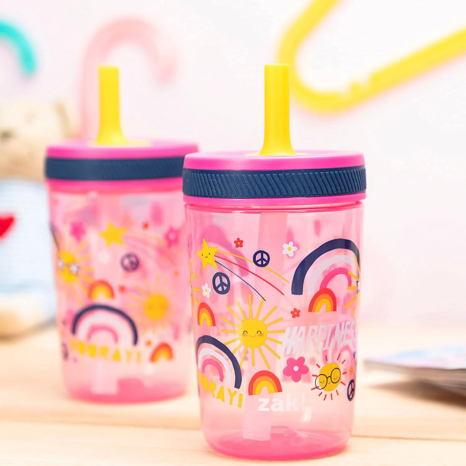 Zak Designs Kelso 15 oz Tumbler Set, (Starpower) Non-BPA Leak-Proof Screw-On Lid with Straw Made of Durable Plastic and Silicone, Perfect Baby Cup Bundle for Kids (2pc Set)