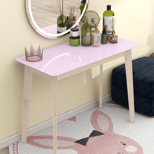 TaoHFE Pink Vanity Desk with Solid Rubber Wood Legs Glossy Pink 39 Inch Vanity Table Computer Desk for Home Small Spaces Girl Makeup Desk Modern Vanity Desk No Mirror Dressing Table for Bedroom