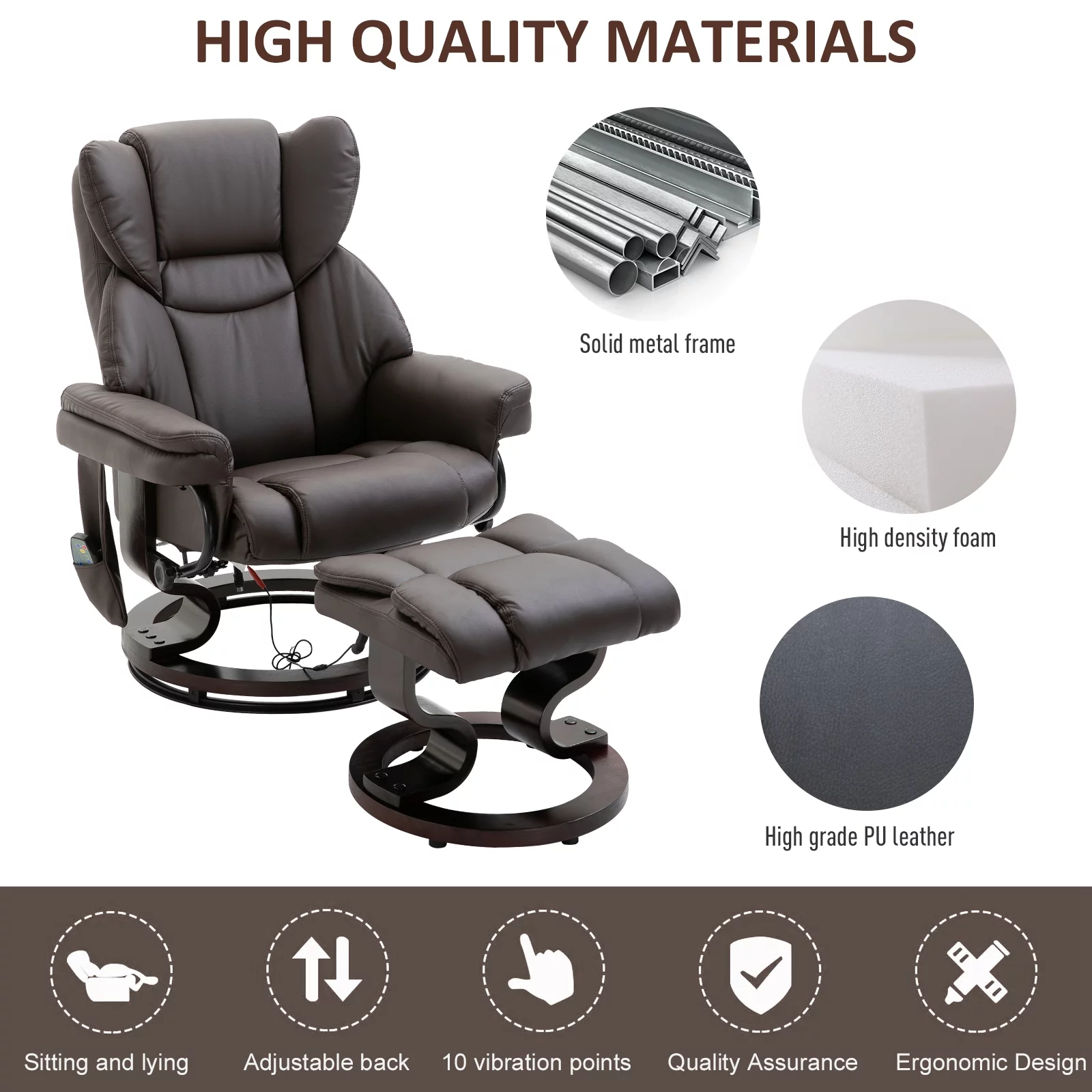 HOMCOM Massage Recliner Chair with Footrest, 10 Vibration Levels, Faux Leather, Brown