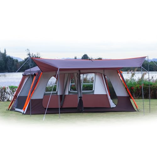 KTT Extra Large Tent 10-12-14 Person(B),Family Cabin Tents,2 Rooms,3 Doors and 3 Windows with Mesh,Straight Wall,Waterproof,Double Layer,Big Tent for Outdoor,Picnic,Camping,Family Gathering