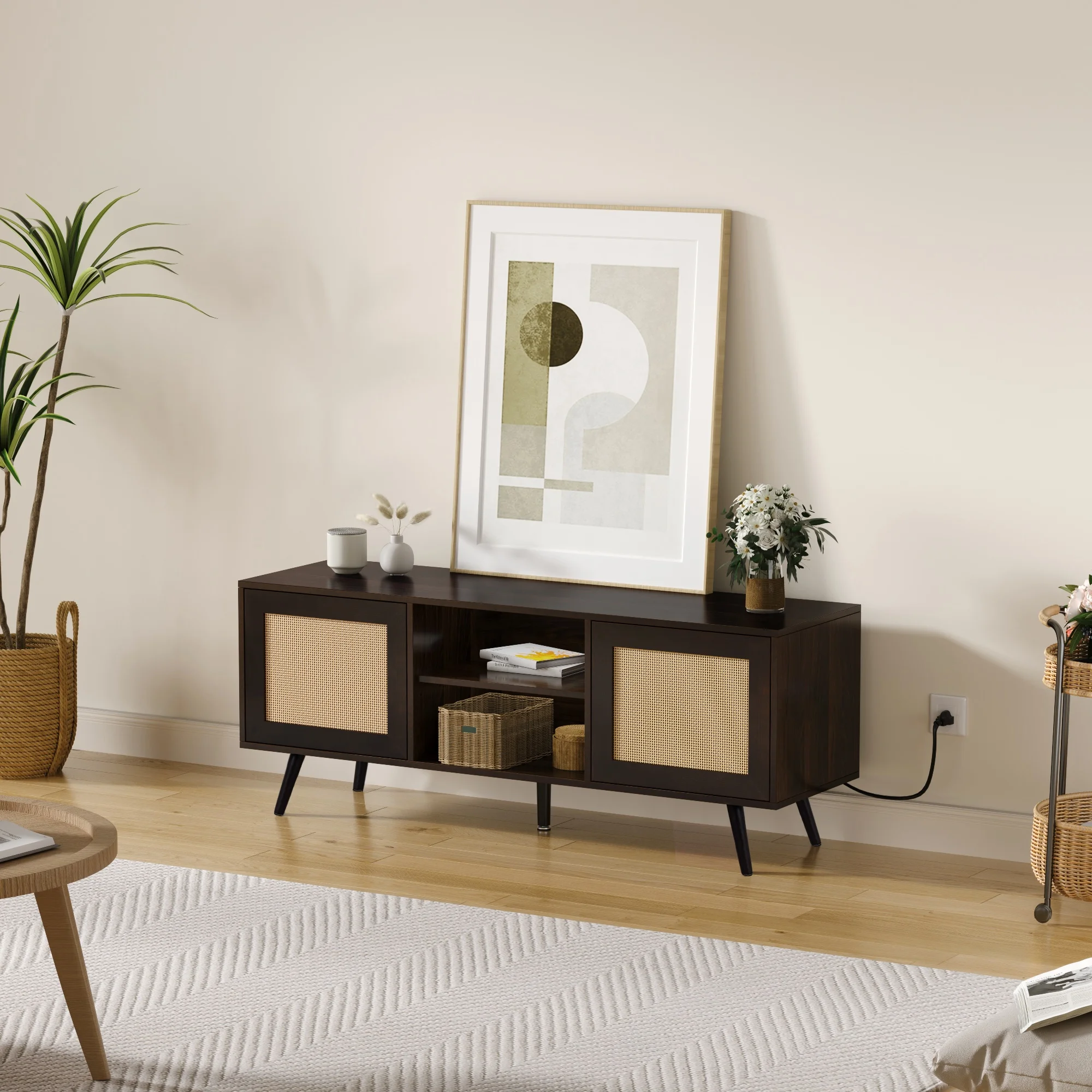 CLIKUUTORY 60-inch Rattan TV Stand, Entertainment Center with Adjustable Shelves, Rattan TV Stand with 2 Cabinets, Media Console, Solid Wood Legs, Walnut