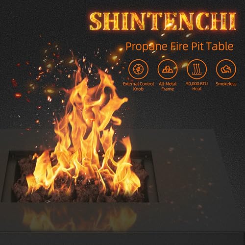 Shintenchi Propane Fire Pits 28 Inch Outdoor Gas Fire Pit, 50,000 BTU Steel Fire Table with Lid and Lava Rock, CSA-Certified Propane Fire Pit Outdoor/Patio with Rattan Pattern Steel Base/Lid, Black