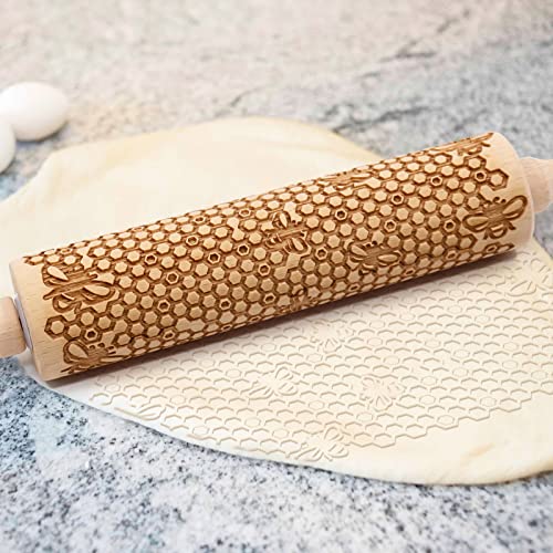 Kitticcino Wooden Embossed Rolling Pin for Baking Christmas Rolling Pins With Embossed Honeycomb Designs for Pizza, Pasta, Pie, Pastry, Cookies, Kitchen Xmas Holiday Housewarming Gifts
