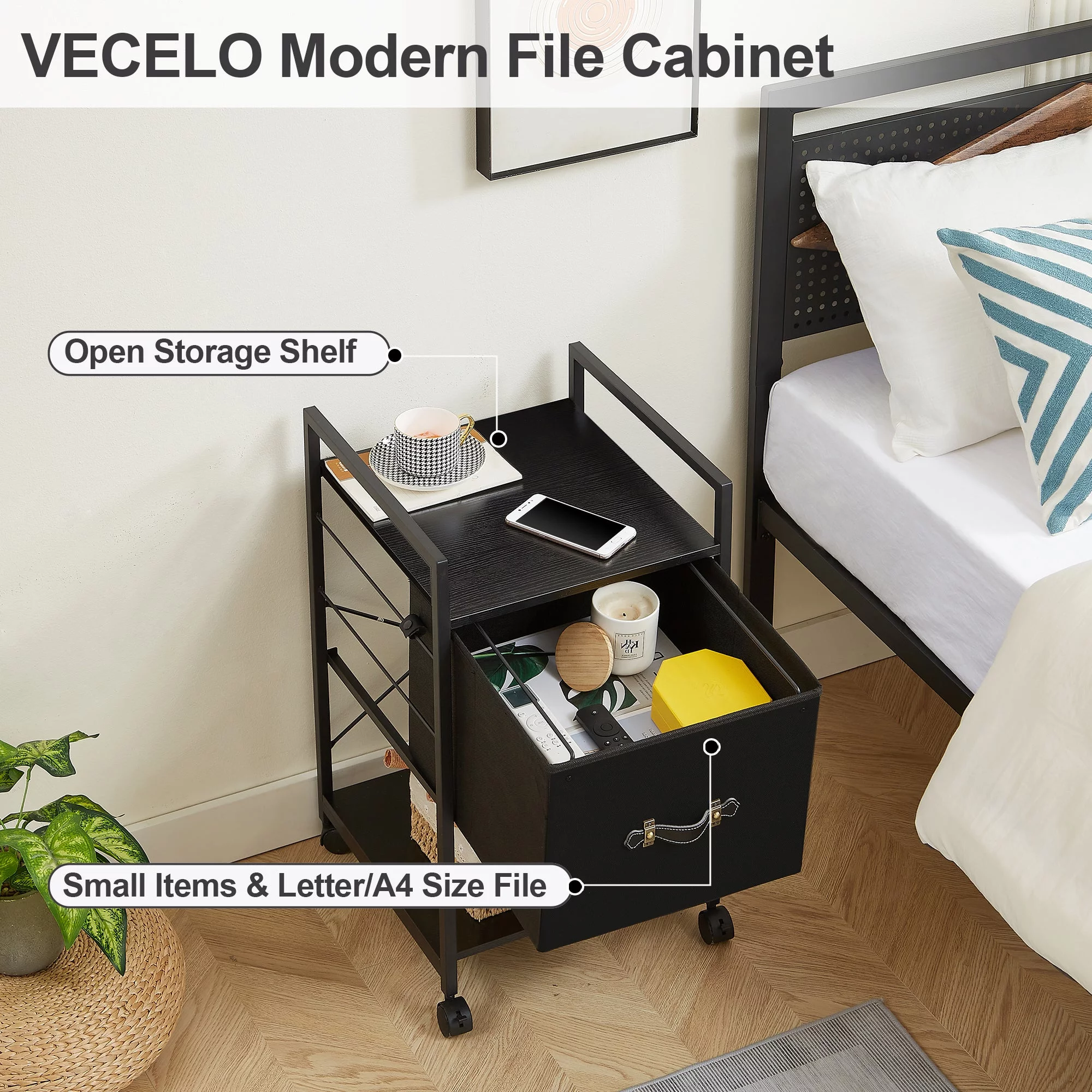 VECELO Set of 2 Rolling File Cabinet, Mobile Printer Stand with 1-Drawer and Open Storage Shelf, Fabric Vertical Filing Cabinet fits A4 or Letter Size for Home Office, Black