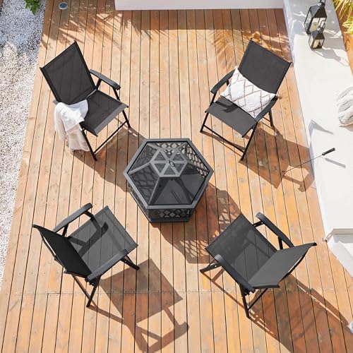 Yaheetech Patio Dining Chairs Set of 4 with Armrests, Outdoor Folding Chairs with Metal Frame and Backrest for Lawn, Garden, Yard and Poolside, Black