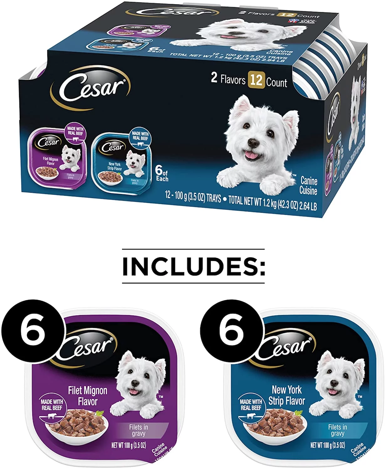 CESAR Adult Soft Wet Dog Food Filets in Gravy Variety Pack, Filet Mignon and New York Strip Flavors, (12) 3.5 oz. Trays