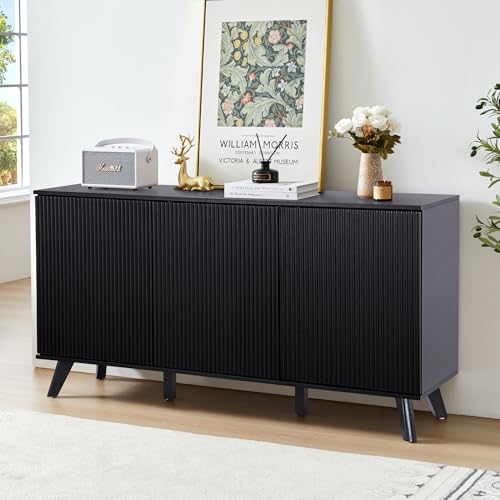 Fluted Sideboard Buffet Cabinet with Storage, Modern Storage Cabinet with 3 Doors, Wood Credenza Buffet Sideboards, Console Table for Kitchen Dining Living Room Entryway (Walnut)