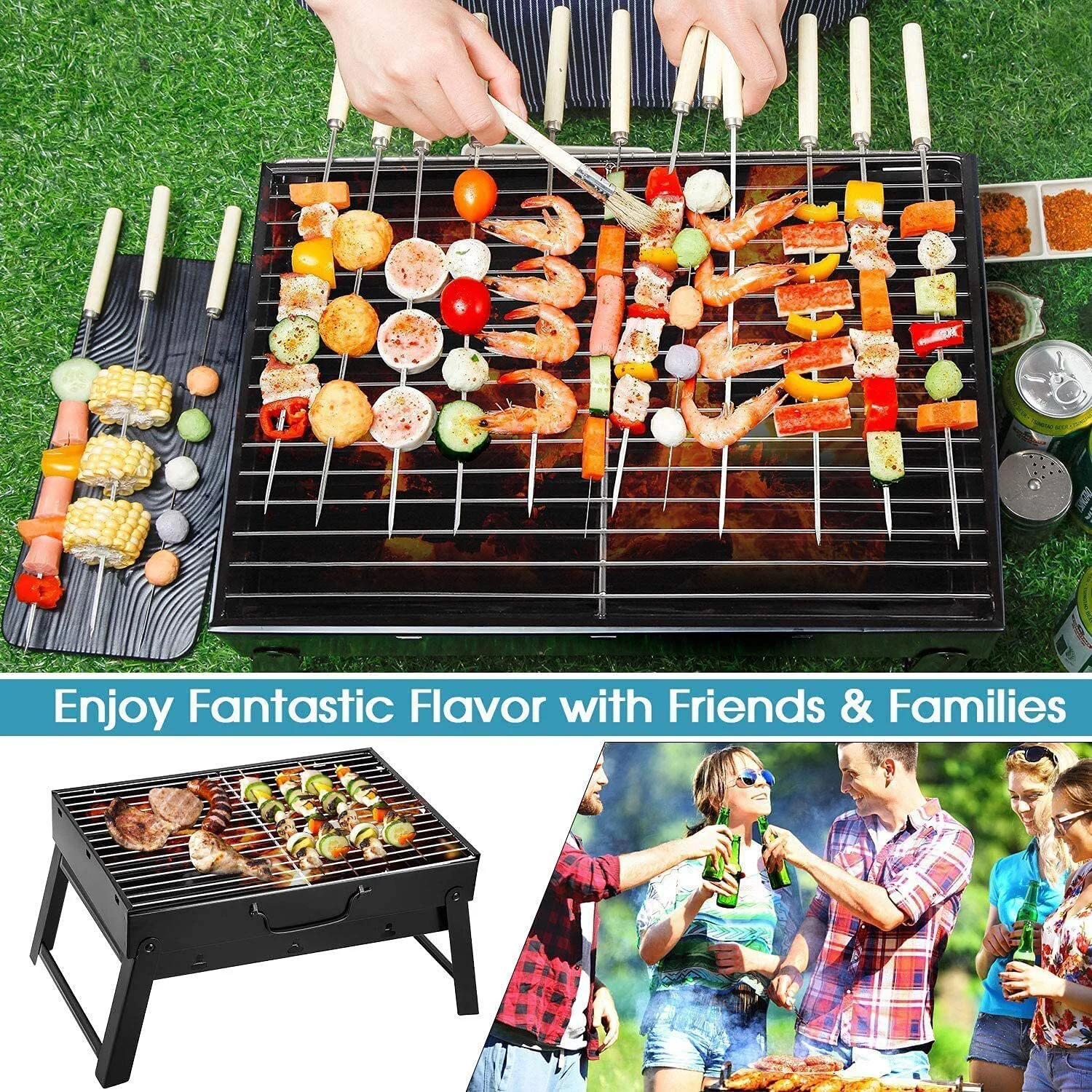 Uten Charcoal Grill, Portable Barbecue Grill Folding BBQ Grill, Small Outdoor Grill Tools for Camping Picnics Beach Party