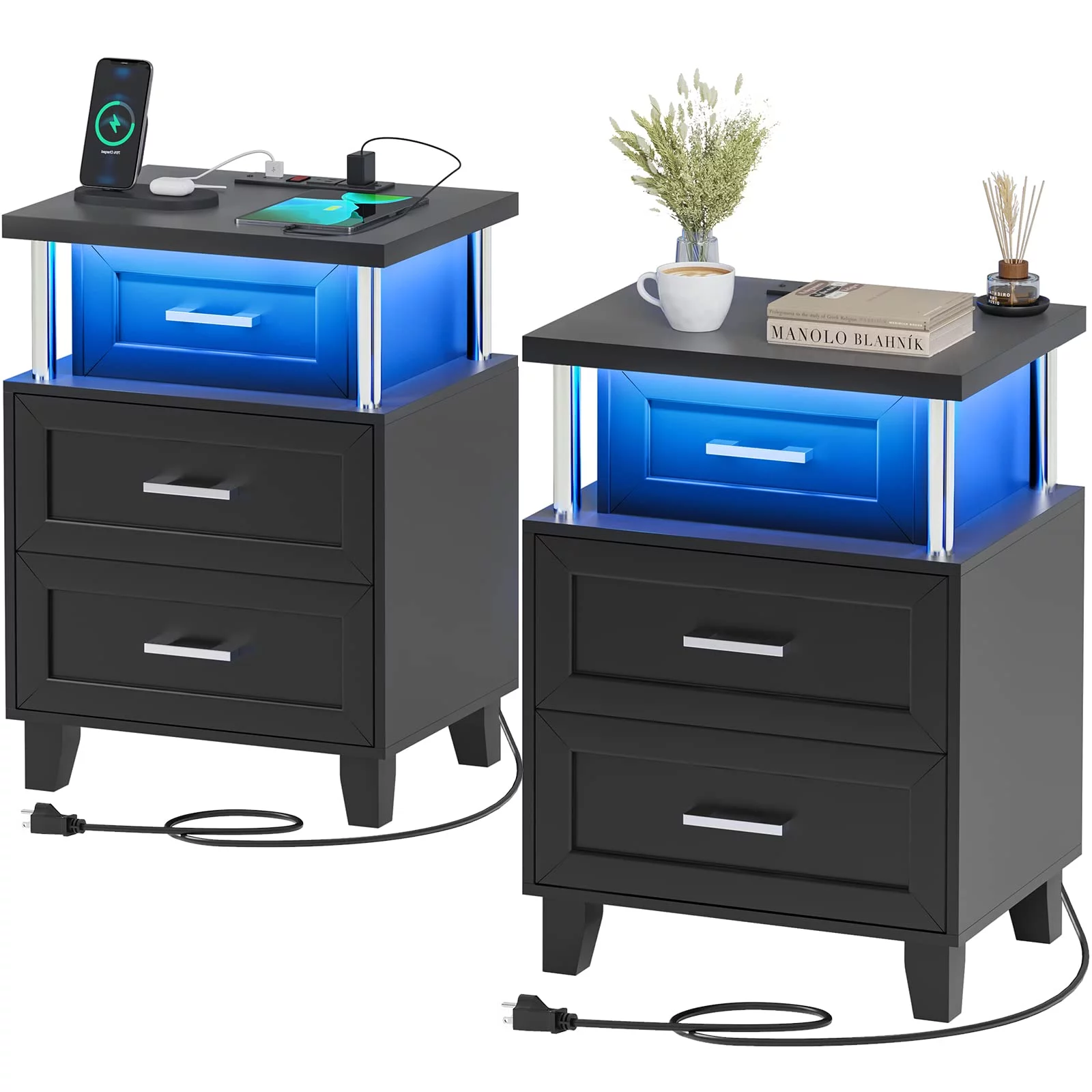 LED Nightstand Set of 2 with Charging Station, Modern End Side Table with 3 Drawer, Black
