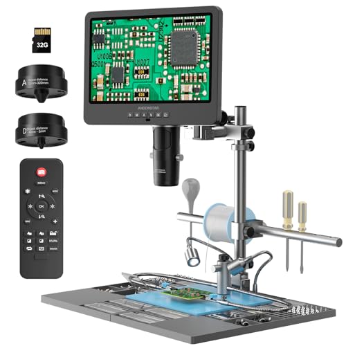 Andonstar AD246S-M Plus 7'' HDMI Soldering Digital Microscope for Electronics Repair, 2000x 3 Lens 2160P UHD Video Record, Soldering Microscope Station with Helping Hands, Coin Microscope, 32GB Card
