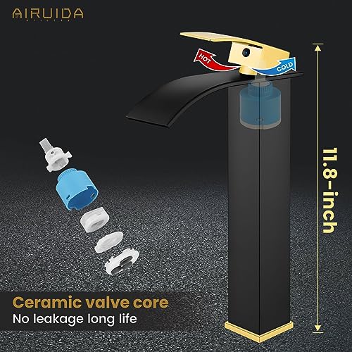 Airuida Brushed Gold Tall Waterfall Bathroom Vessel Sink Faucet Modern Bathroom Vanity Faucet Single Handle Single Hole Farmhouse Bar Mixer Tap Washbasin Faucet Deck Mount