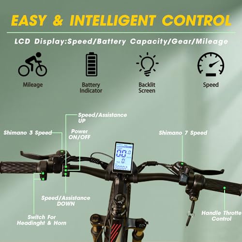 Electric Mountain Bike 26'' Fat Tire Electric Bicycle with 750W Motor and Shimano 21-Speed for Adults, 48V 13Ah Lithium Battery, All-Terrain Fat Tires, 26'' Wheel Size