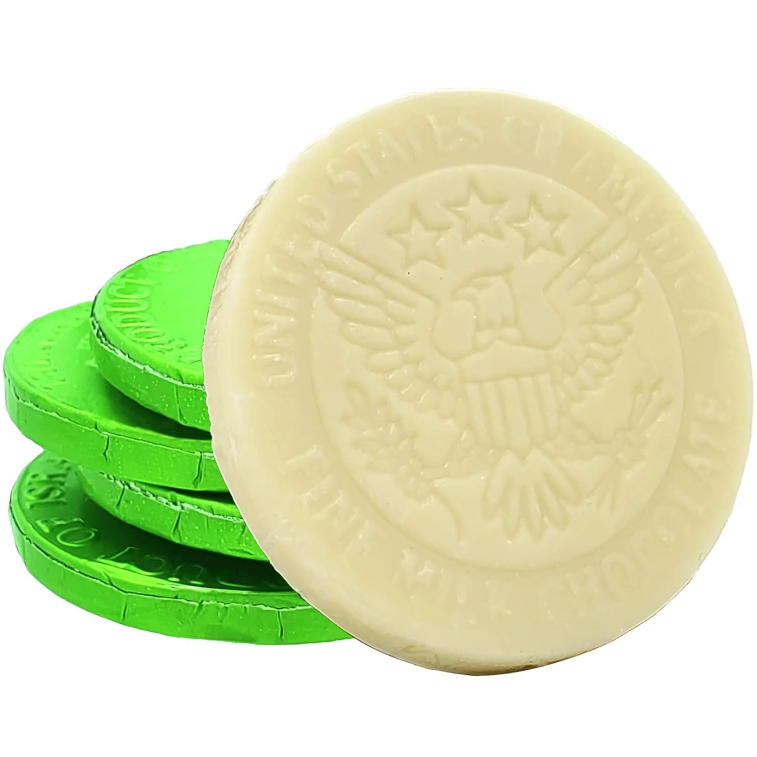 White Milk Chocolate Coins, Green Foil Design, Dairy Milk Chocolate, Kosher (50-Pack)