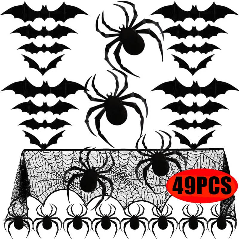 49PCS Black Skull Halloween Lace Cobweb Fireplace Mantel Scarf, Scary 3D Bat Spider Stickers for Halloween Party Home Supplies Spooky Halloween Decorations