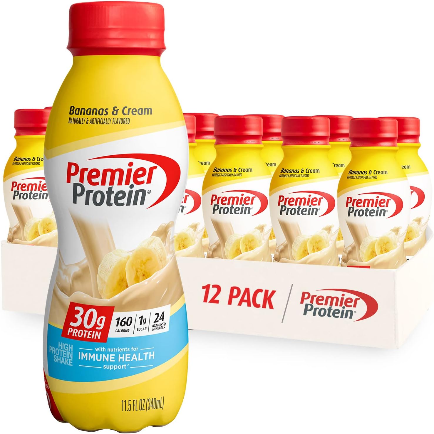 Premier Protein Shake, Bananas & Cream and Cake Batter Flavors, 30g Protein, 1g Sugar, 24 Vitamins & Minerals, 12 and 12 Count