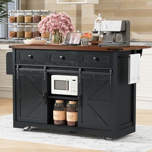 53.5''Farmhouse Kitchen Island with Power Outlet, Kitchen Storage Island with Drop Leaf, Spice Rack and Drawer, Rolling Kitchen Cart on Wheels, for Home, Living Room and Dining Room, White
