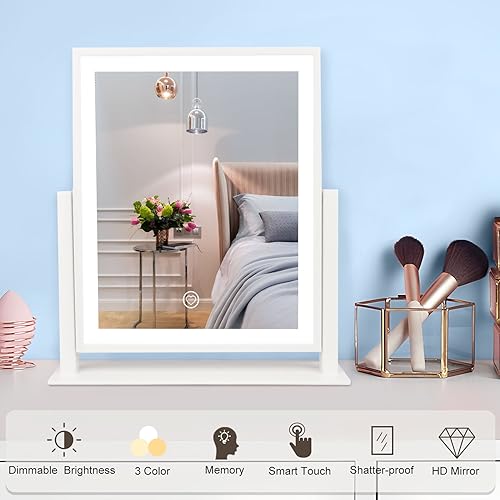 Beelux Makeup Mirror with Lights Lighted Up Vanity Mirror with Touch Control 3 Color Lighting Modes Dimmable 360°Rotation for Vanity Desk Tabletop 13Inch Christmas Birthday Present