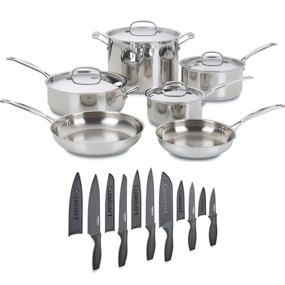 Cuisinart 77-10P1 Chef's Classic Stainless Cookware 10 pc Set Bundle with Cuisinart 12 Piece Ceramic Coated Cutlery Set Matte Black
