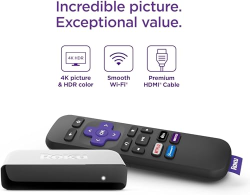 Roku Premiere | 4K/HDR Streaming Media Player Wi-Fi Enabled with Premium High Speed HDMI Cable and Simple Remote, Includes Pouch, White