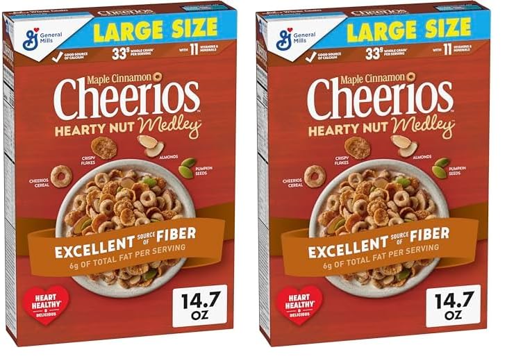 Cheerios Hearty Nut Medley Breakfast Cereal, Maple Cinnamon Flavored, Made With Whole Grain, Family Size, 20 oz