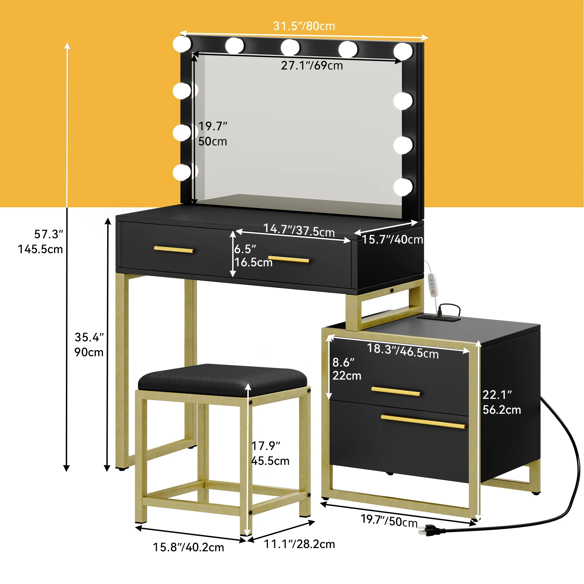 Dextrus Makeup Vanity with 4 Drawers, Mirror and LED Lights, Vanity Desk with Mirror and 10 LED Light Bulbs, Black-Gold