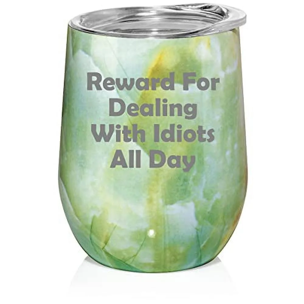 12 oz Double Wall Vacuum Insulated Stainless Steel Stemless Wine Tumbler Glass Coffee Travel Mug With Reward For Dealing With Idiots All Day Funny (Turquoise Green Marble)