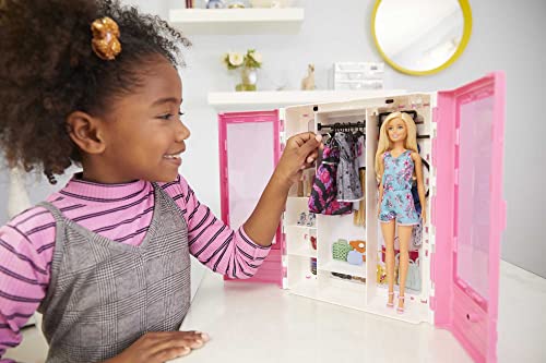 Barbie Fashionistas Doll & Ultimate Closet Playset with Clothes & 12 Accessories, Blonde Fashion Doll & Pink Closet Toy with Storage, Fold-Out Rack & Carrying Handle