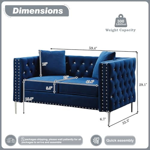 Antetek Velvet Loveseat Sofa for Living Room, 59 Inch Modern Upholstered Love Seat Cloud Couches w/Crystal Buttons/Pillows for Living Room, Apartment, Office, Furniture Sets, Black